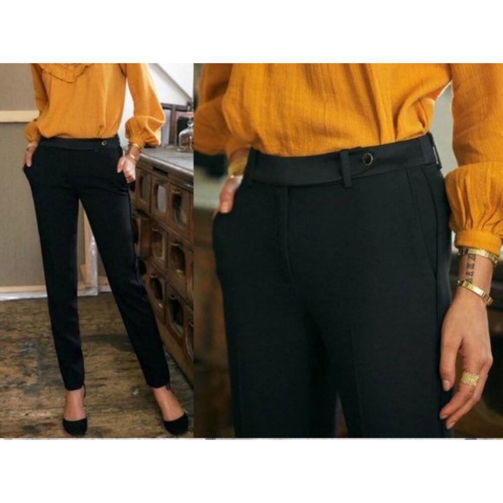 Sezane Augustin Trousers Black Sz 38 Satin Trim Ankle Slim French chic Corpcore